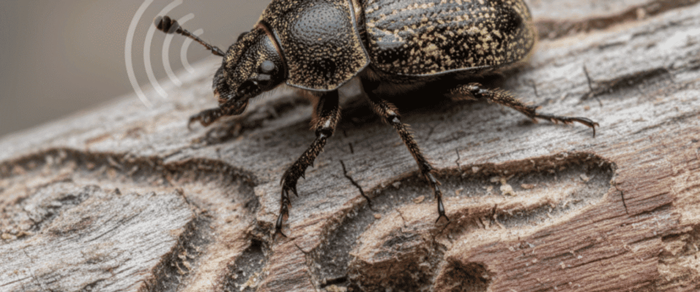 Small gold-speckled beetle crawling on carved, weathered wood with winding tunnels and textured grain.