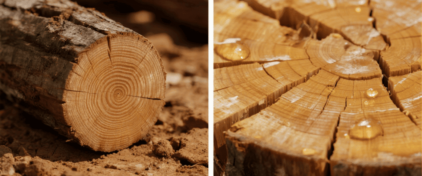Freshly cut log and cross-section showing tree rings and sap droplets on dry soil, close-up texture of wood and bark.