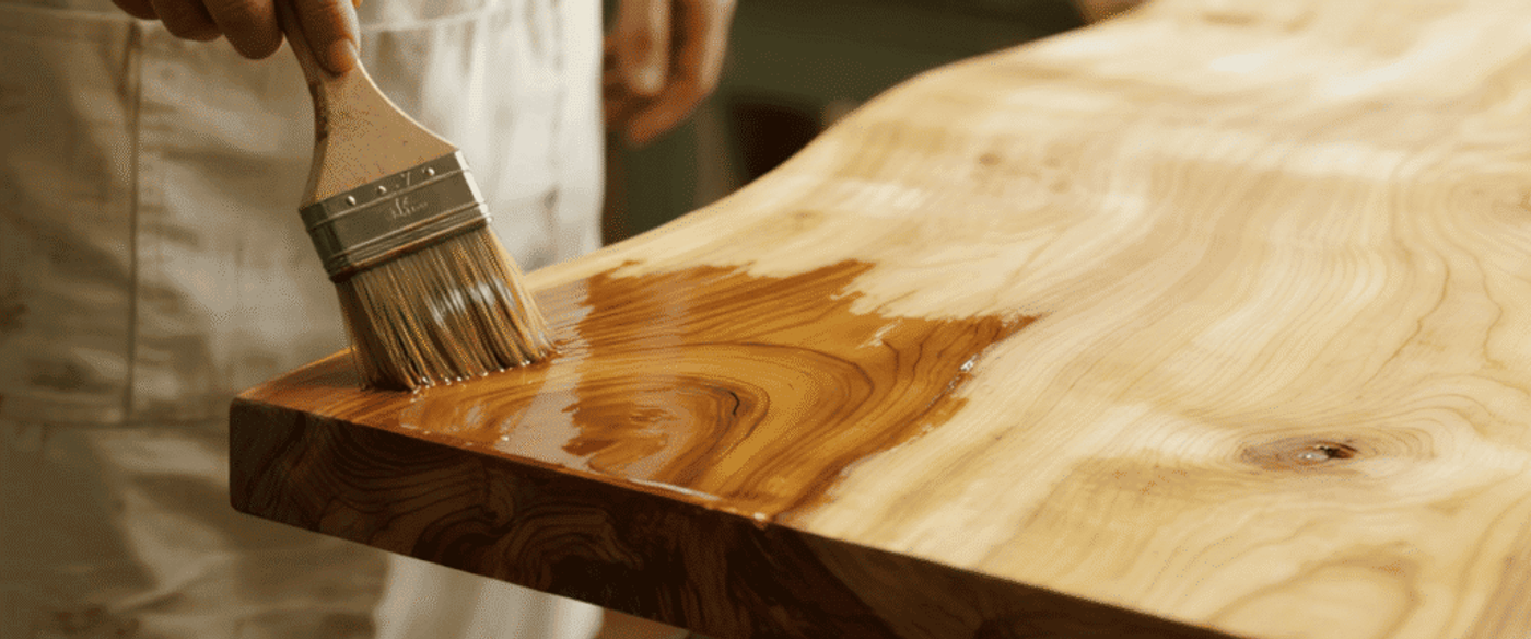Woodworker applying clear finish with brush to live-edge wooden tabletop, highlighting rich grain and glossy surface.