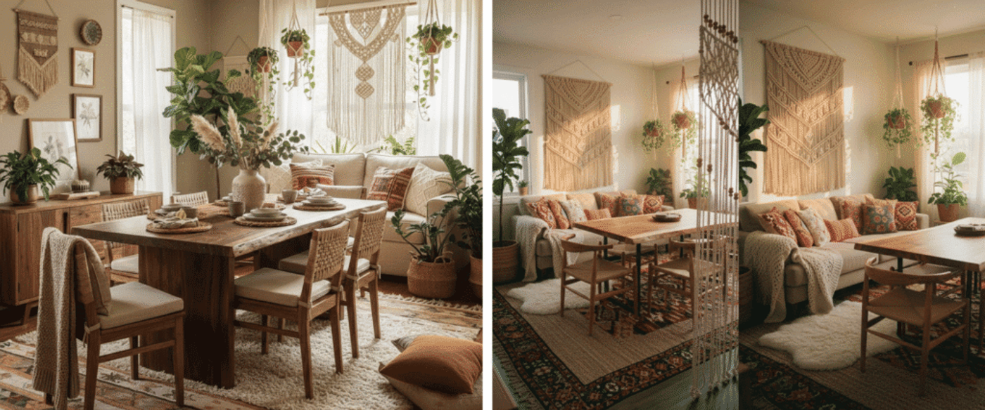 Cozy boho dining room with wooden table, woven chairs, lush plants, macramé wall hangings, neutral textiles and layered rugs
