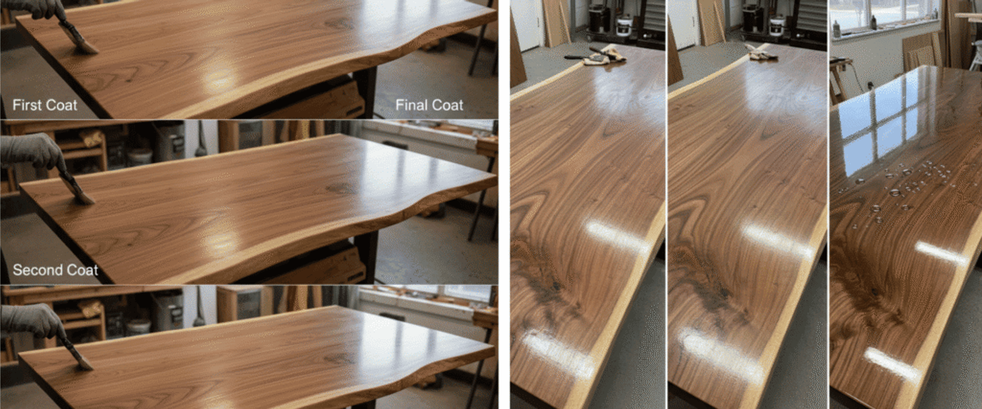 Walnut live-edge table progress: first, second, and final glossy coats with water beading on smooth, reflective finish.