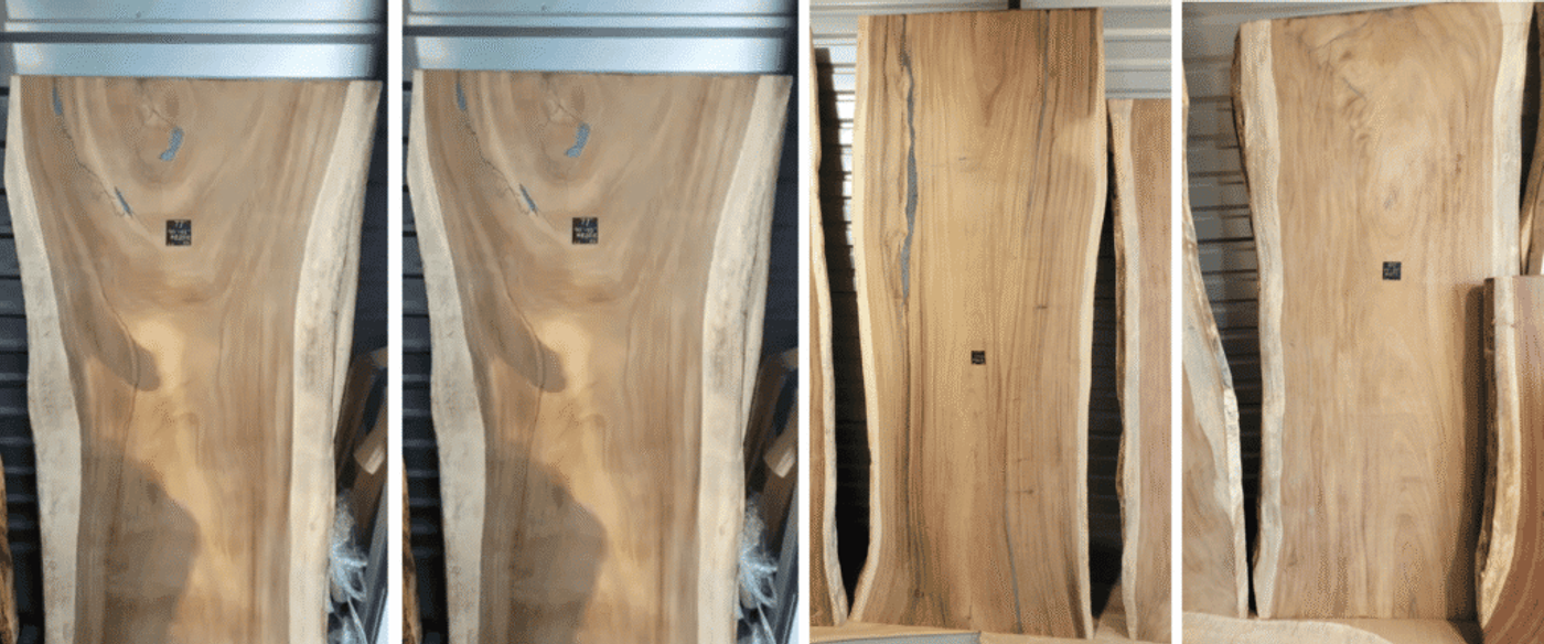 Natural live-edge wood slab with light brown grain, vertical gray sapwood streaks