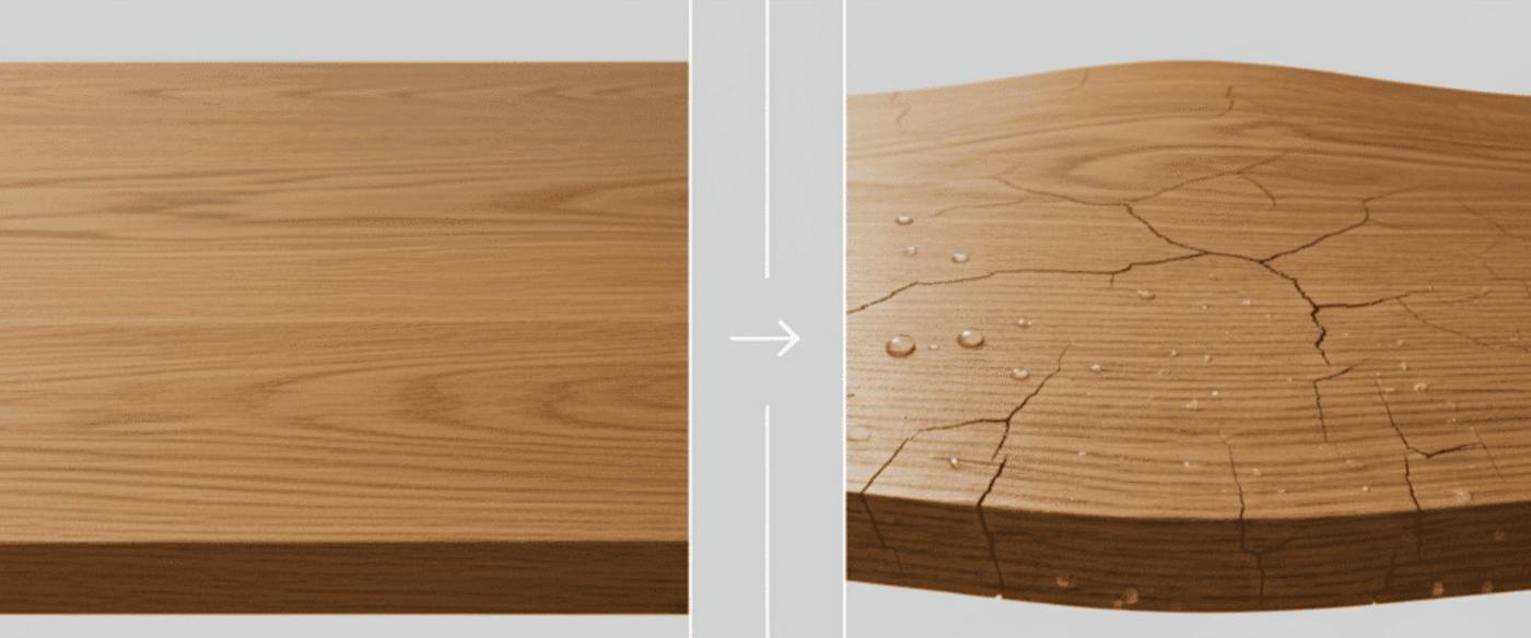 Wooden furniture showing effects of humidity—slight swelling, warping, cracks, moisture droplets, comparison