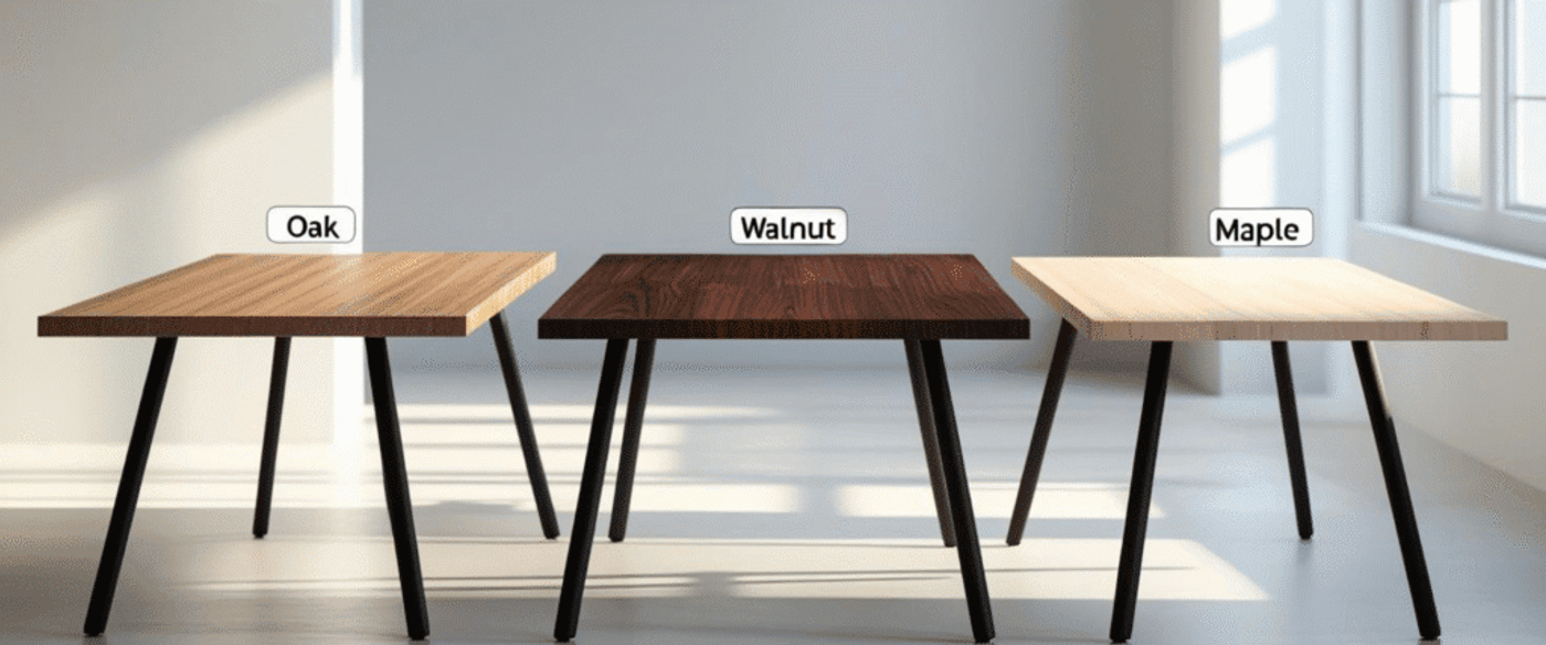 Three wooden tables made from different types of wood: Oak (left), Walnut (center), and Maple (right). Each table shows the unique color and grain pattern of the wood type.