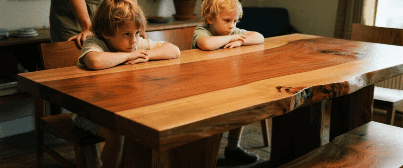 Handcrafted live-edge dining table with natural wood grain; kids sit at the table, ready for family time.