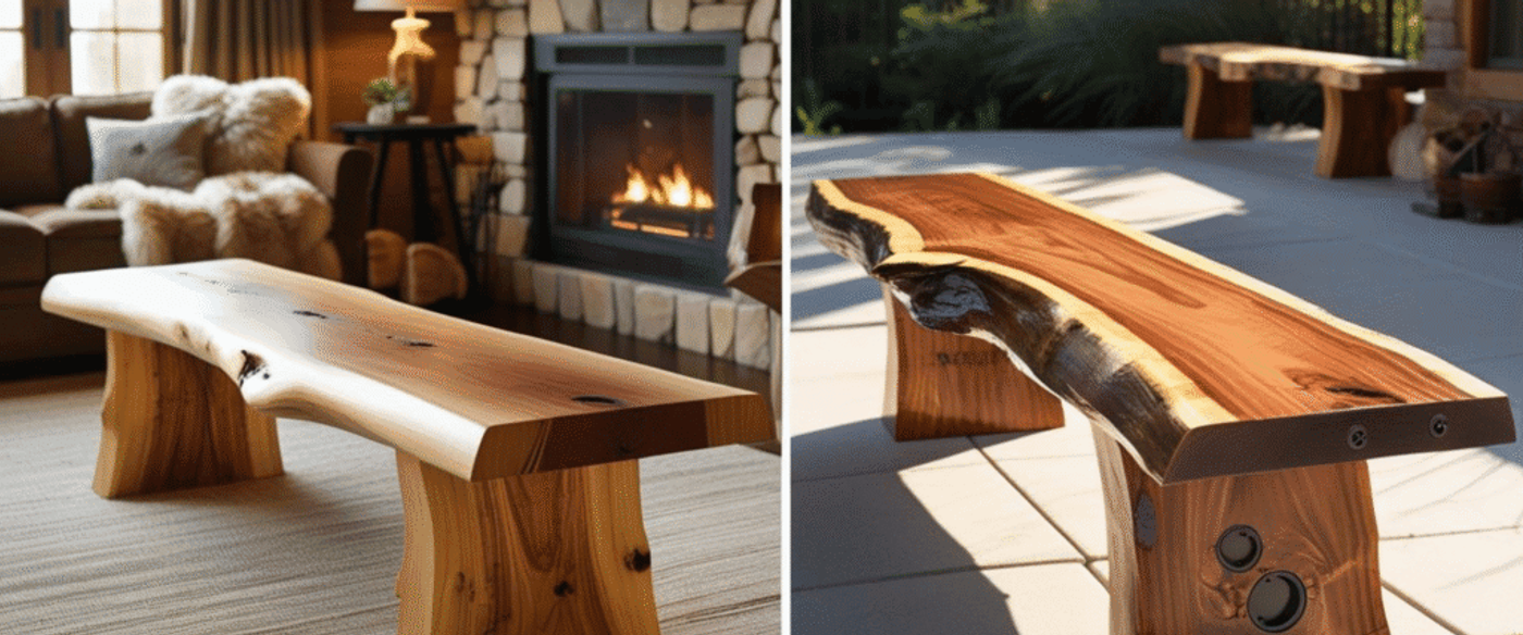 Wooden benches with natural live edges, one placed indoors near a fireplace, the other outdoors in sunlight. Both showcase smooth finishes and organic shapes.