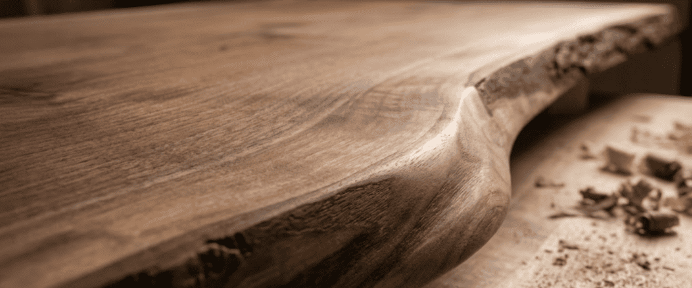 Smooth live-edge walnut slab on a workbench, finely sanded and shaped with wood shavings and tools