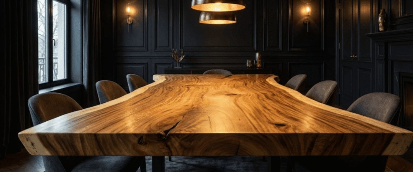 Wide live-edge wooden dining table in a dark, elegant room with upholstered chairs, pendant lights, window, and lit fireplace.