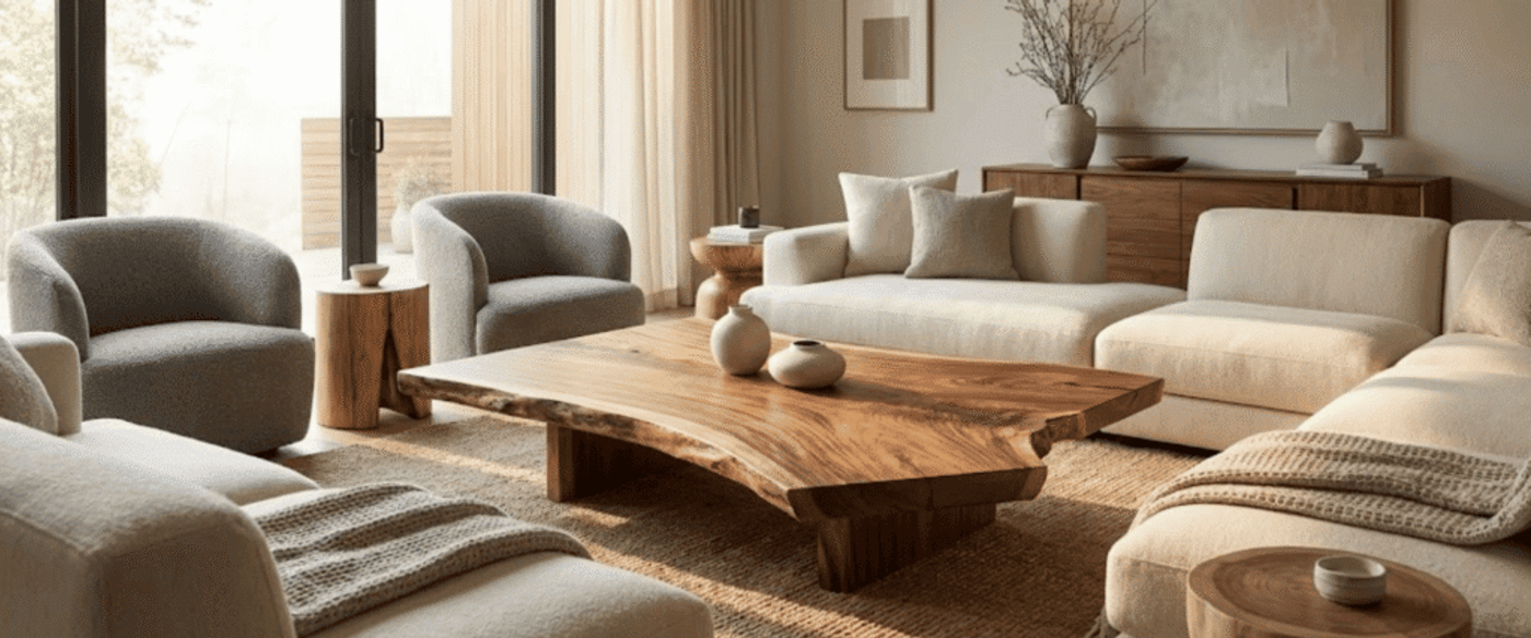 Sunlit neutral living room with curved armchairs, plush sectional, live-edge wooden coffee table and natural decor accents