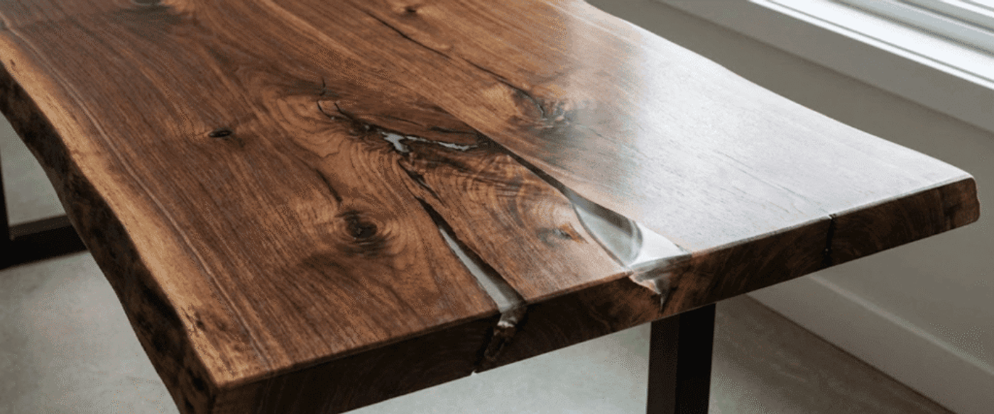 Live-edge walnut desk with clear epoxy filling natural cracks, smooth finish, and black metal legs by a window