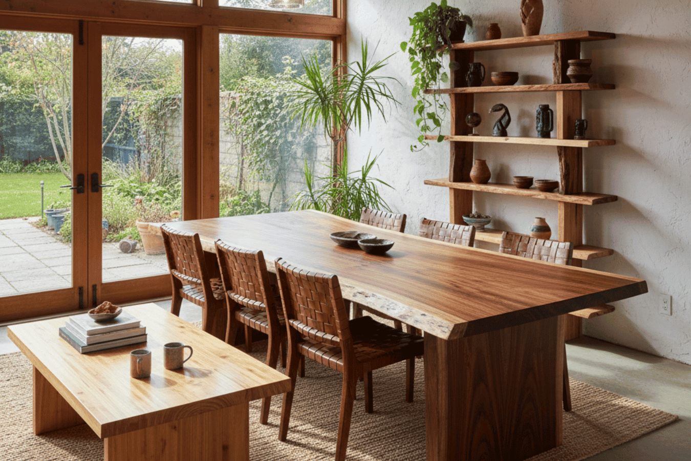 Sunlit dining room with live-edge wood table, woven chairs, bench, potted plants, open shelving of pottery, and glass doors to a garden.