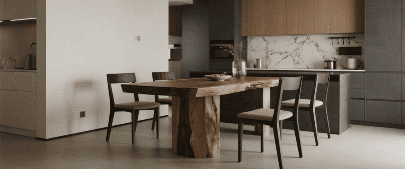 Modern kitchen with a large wooden dining table, four chairs, minimalist cabinetry, marble backsplash, and soft neutral tones.