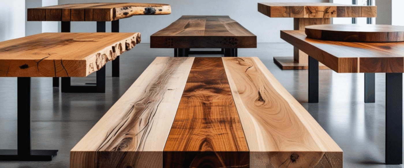 Wooden tables with natural live edges and metal legs in a modern, minimalistic room.
