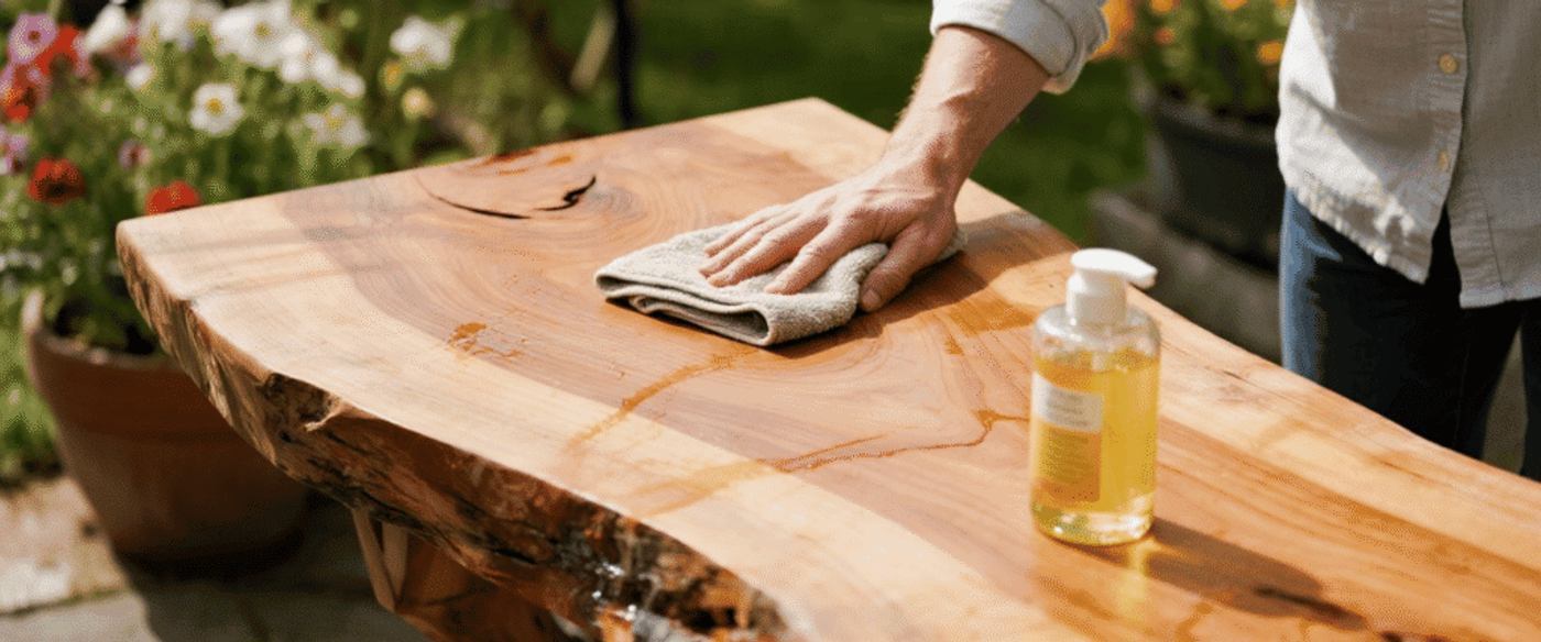 Hand cleaning a wooden table outdoors with a cloth and liquid soap, showing care for natural wood surfaces.