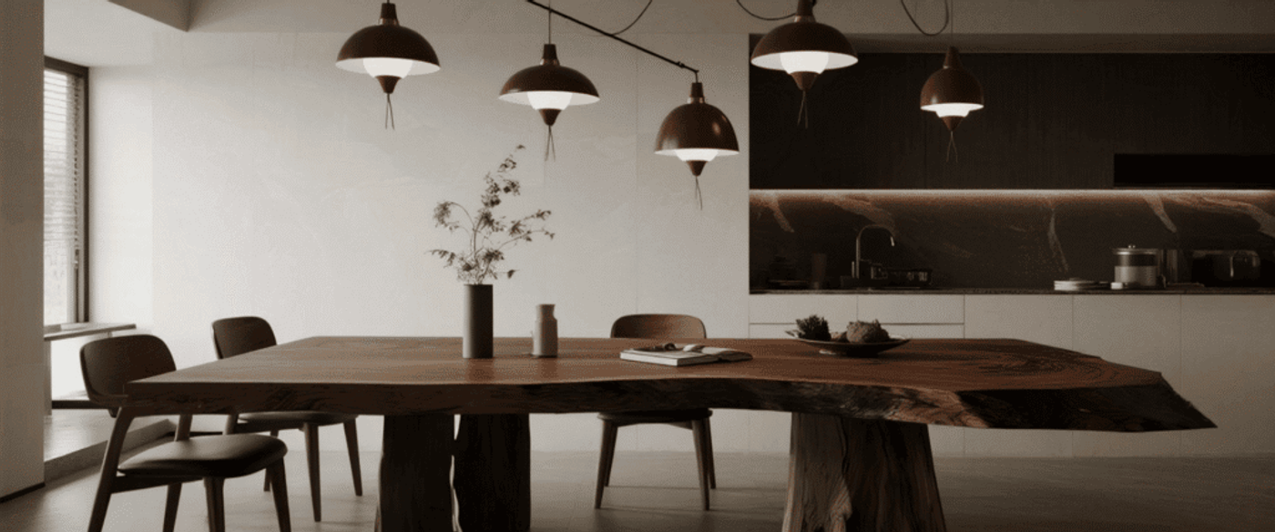 Natural wood dining table with live edge design, surrounded by modern chairs and pendant lights in a minimalist kitchen setting.