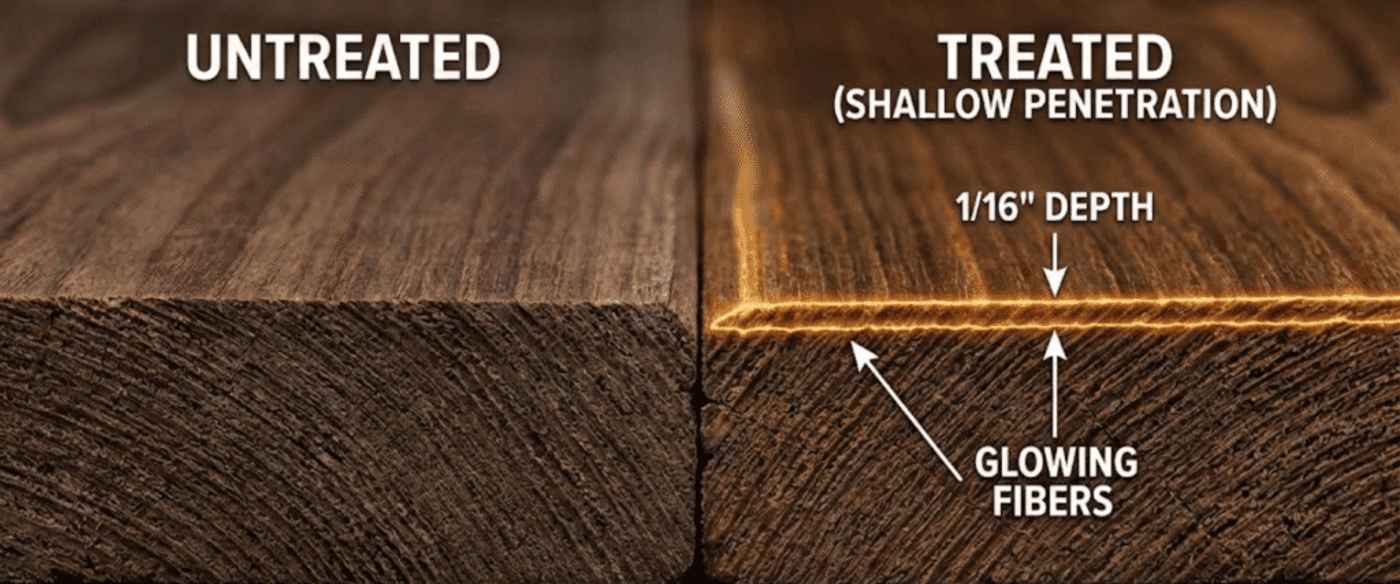 Untreated and treated wood edges side-by-side showing shallow 1/16" glowing fiber penetration into the treated wood surface