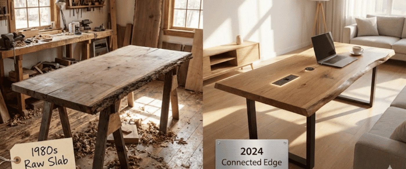 1980s woodshop with rough live-edge slab on sawhorses, wood shavings on floor; 2024 modern living room with live-edge wooden desk, laptop and built-in power ports