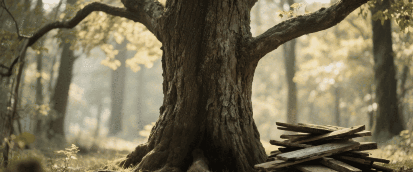 100-year-old oak stands tall in dappled forest light; weathered sign at its base marks a century of life