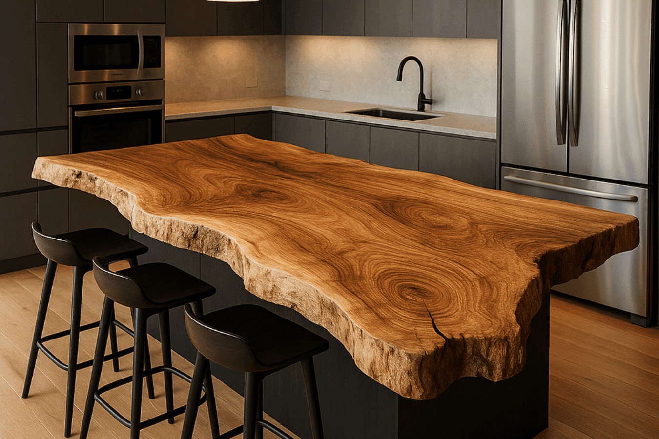 Live-edge wooden kitchen island with rich grain, three black bar stools, pendant lights, dark cabinets, and stainless refrigerator.