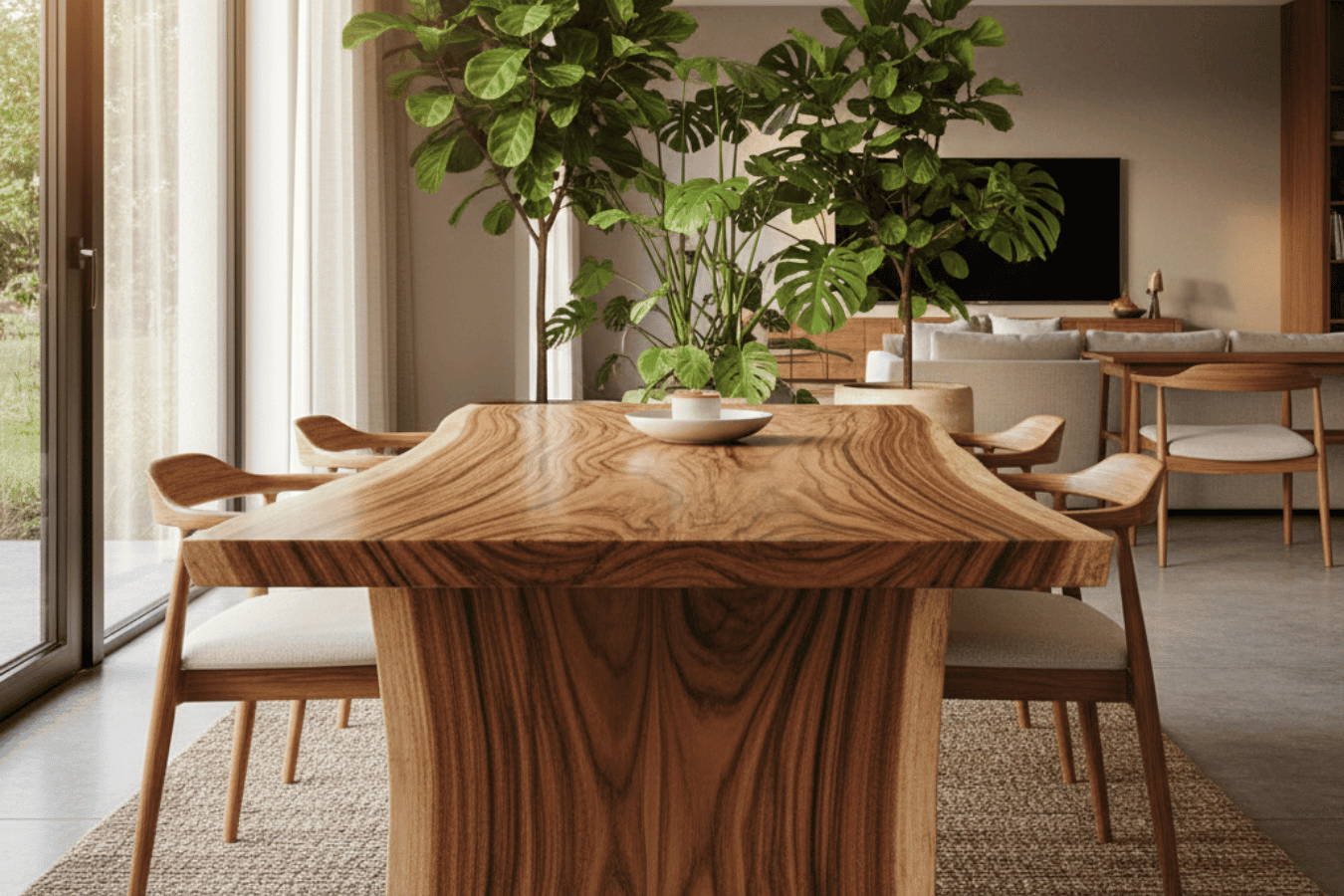 live-edge dining table made from thick natural wood slab, showing unique natural edges, rich wood grain
