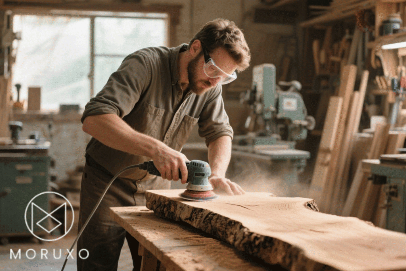 Man using electric sander to smooth wooden board in workshop, wearing safety glasses.