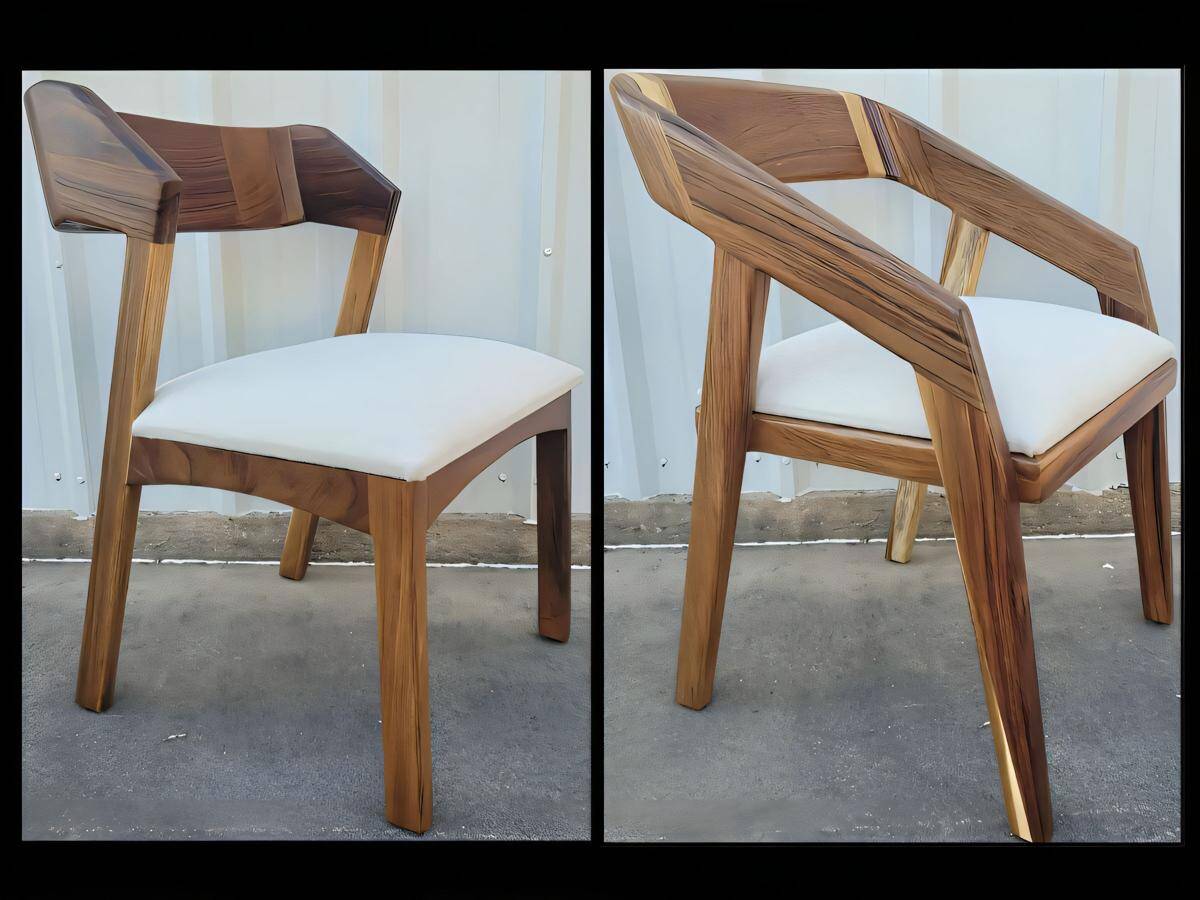 Two mid-century modern chairs: the left chair has a sleek wooden frame with no armrests and an upholstered seat; the right chair has a similar design but includes armrests, showcasing elegant craftsmanship and minimalist style.
