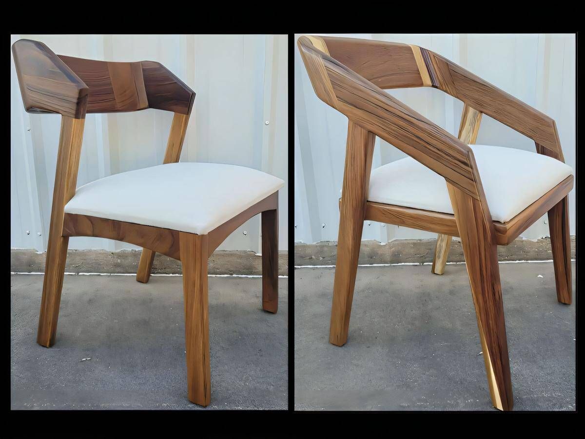 Two mid-century modern chairs: the left chair has a sleek wooden frame with no armrests and an upholstered seat; the right chair has a similar design but includes armrests, showcasing elegant craftsmanship and minimalist style.