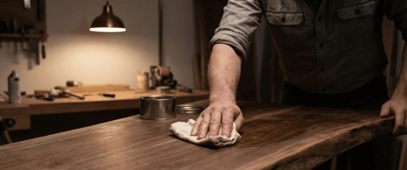 Person rubbing a cloth over a finished live-edge wooden table in a dimly lit workshop, finishing tools and cans nearby