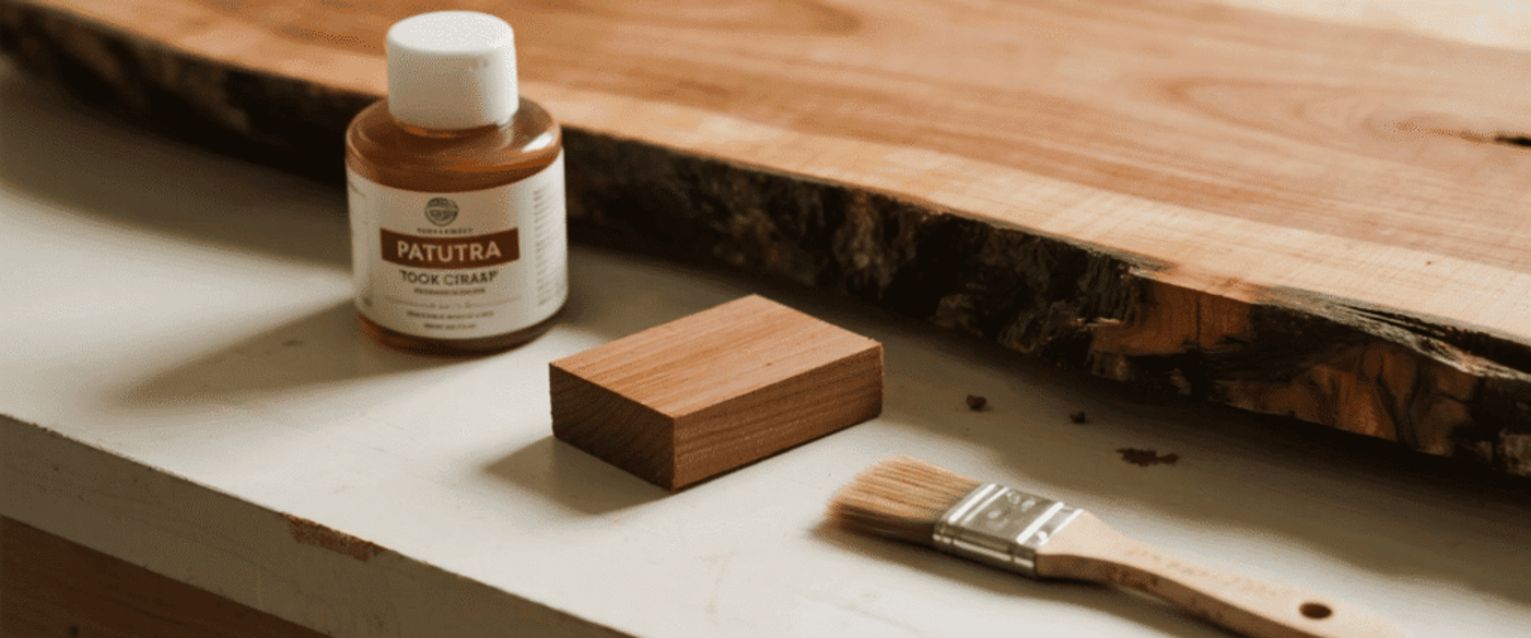 Woodworking sample board, small cedar block, brush and Patutra wood oil on a workbench, warm natural light and bark edge.