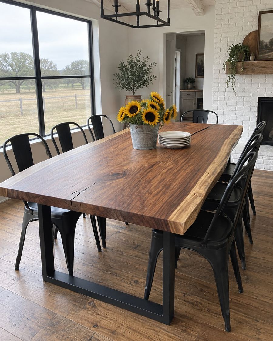 Rendering of the Alina Septima slab as a dining table with Traditional Legs in a modern farmhouse home