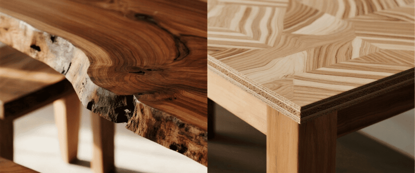 Live-edge walnut slab table beside a geometric parquet wood table showing raw organic edge and precise patterned joinery, warm tones, sturdy legs.