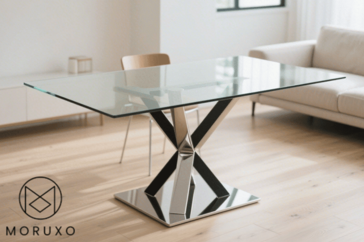 Glass table with modern metal base, stylish and sturdy design, perfect for dining or office use. Brand: MORUXO.