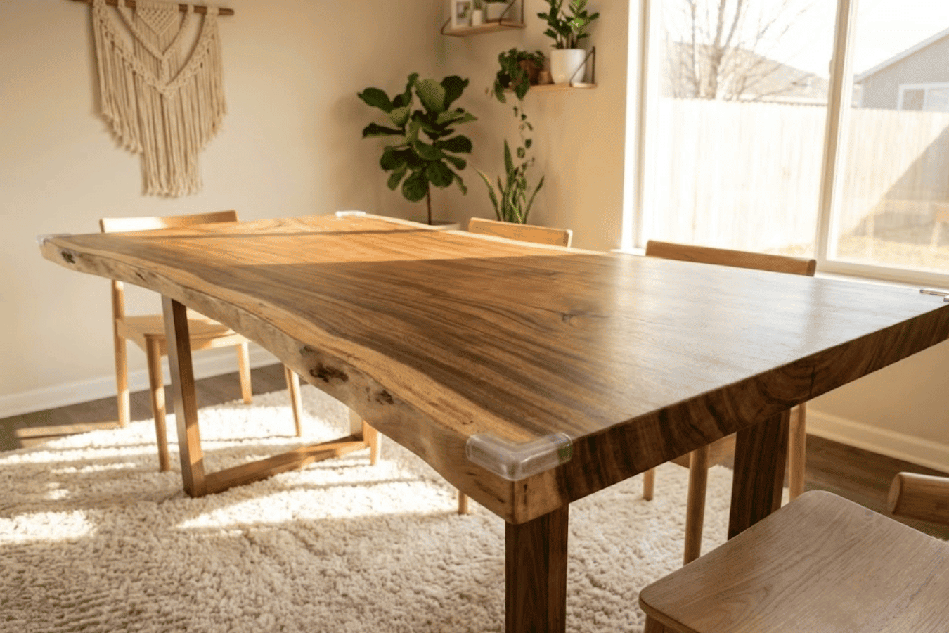 Sunlit live-edge wooden dining table with matching chairs on a plush rug beside a large window and potted plants