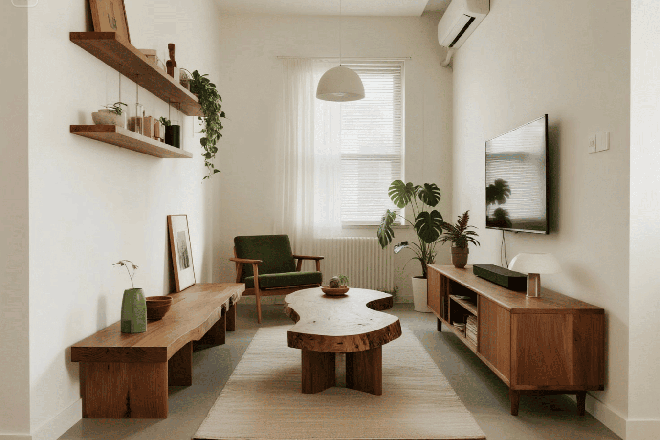 Cozy minimalist living room with natural wood furniture, green chair, indoor plants, and neutral tones for a calm, modern vibe.