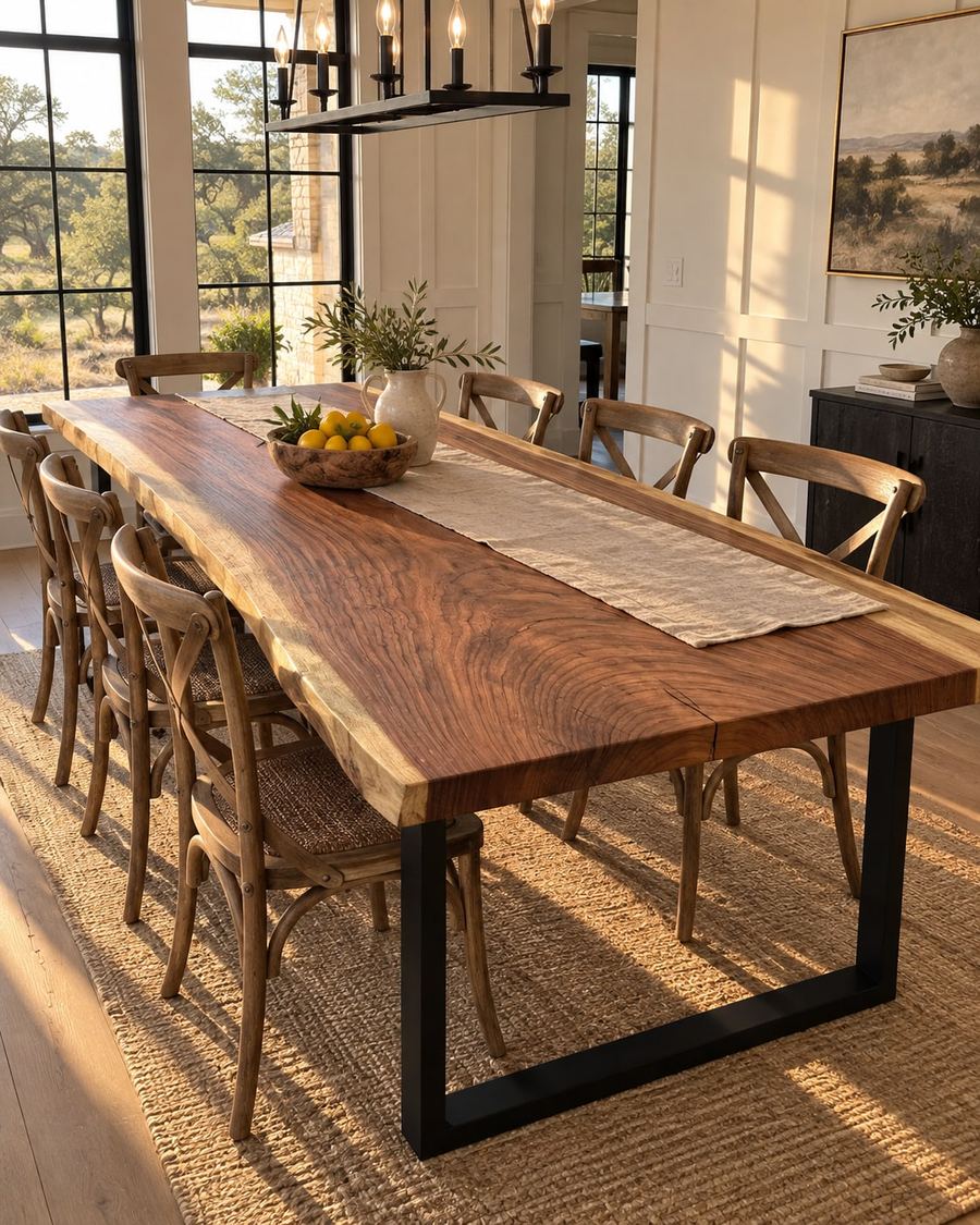 Rendering of the Alba Septima slab as a dining table with Traditional Legs in a modern farmhouse home