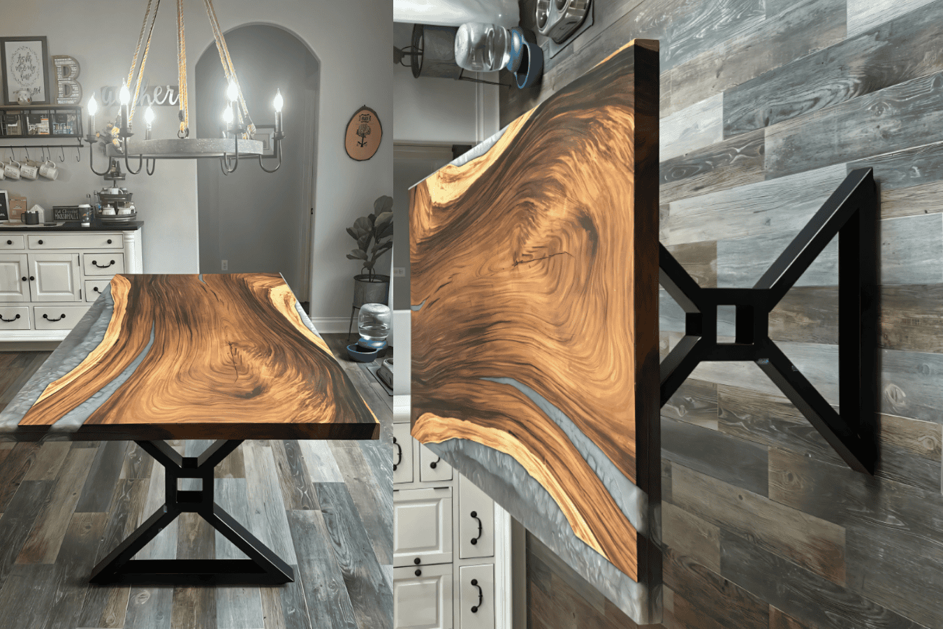 Handmade live edge wood dining table with epoxy resin river and sturdy metal base, blending natural beauty with modern design.