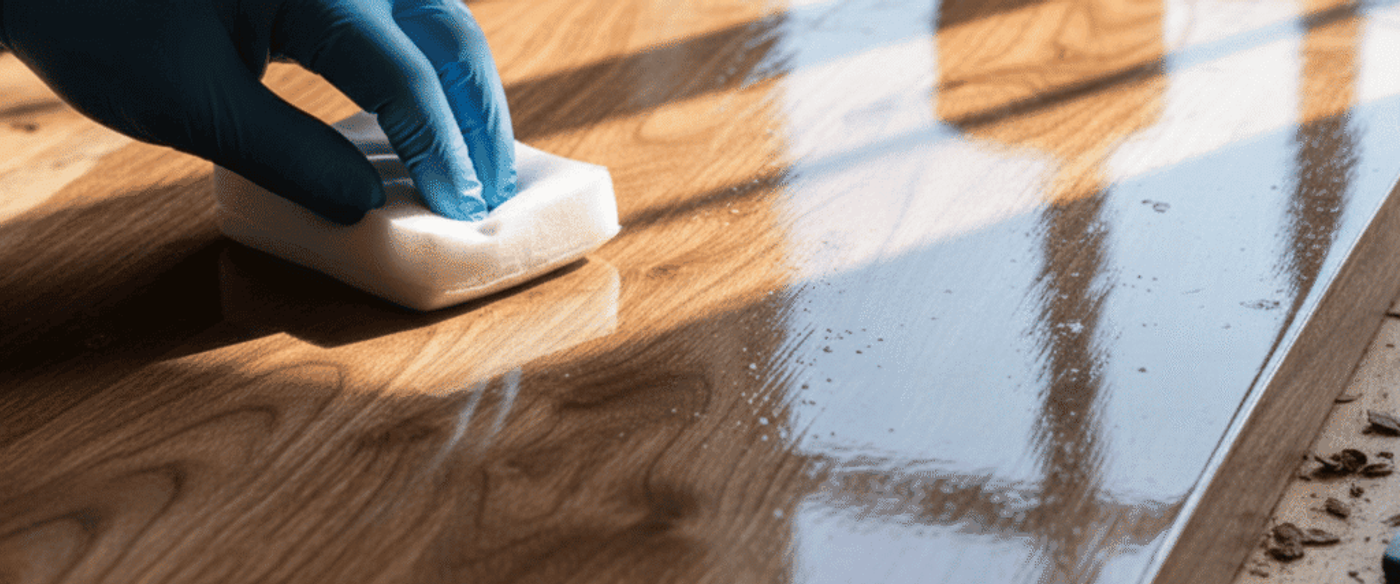Gloved hand applying clear finish with sponge to a sunlit wooden table top, can of varnish and rags in background.