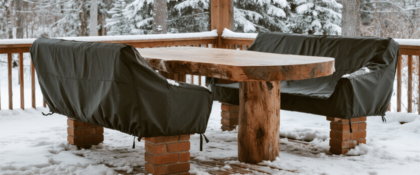 Outdoor wooden table with benches covered in black protective covers, surrounded by snow on a winter day in a forest setting.