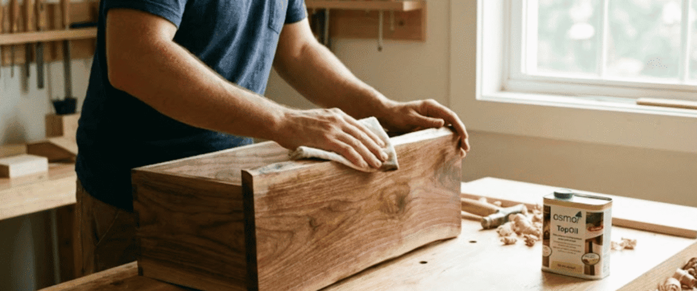 Man sanding and oiling a handcrafted wooden box on a sunlit workbench, surrounded by woodworking tools and shavings