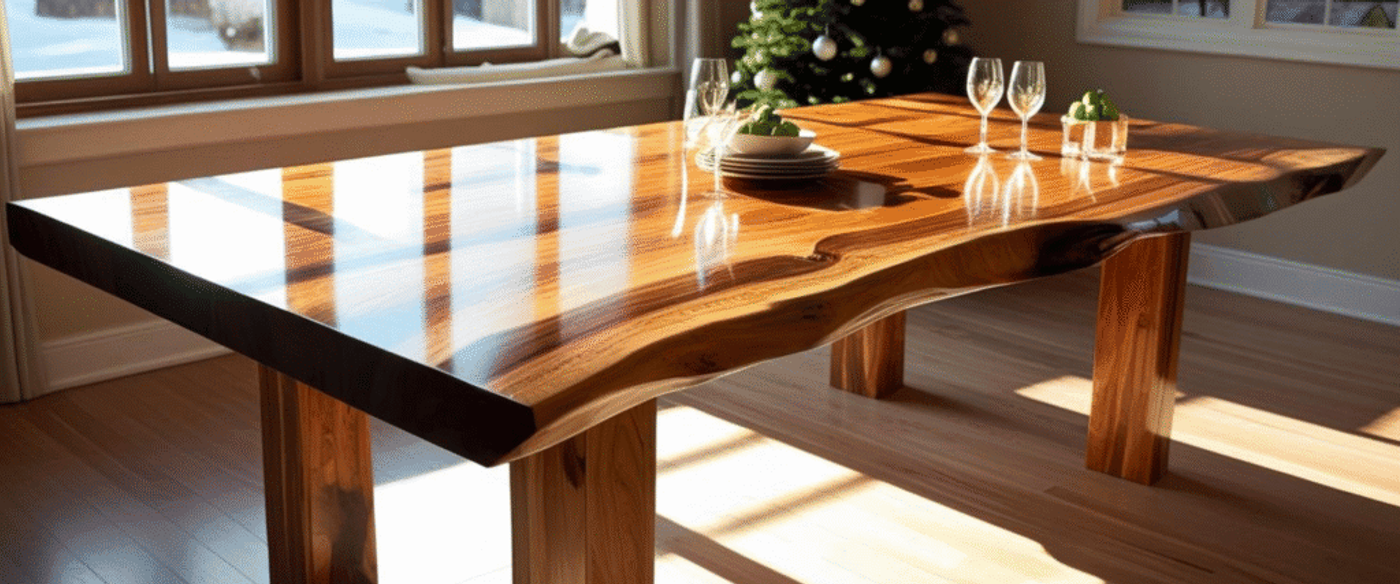 "Polished wooden dining table with natural live edge design, set in a bright room with sunlight streaming through large windows."