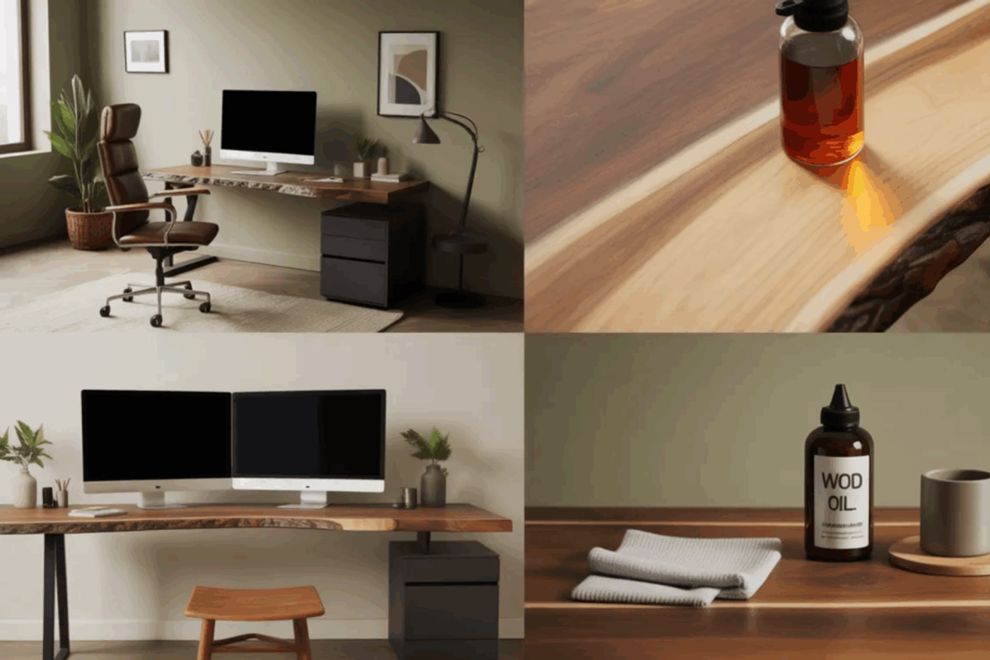 Aesthetic collage image of a live-edge desk setup for remote work, featuring a modern home office layout, close-up of natural wood grain with oil finish, dual-monitor workstation on a handcrafted wooden desk, and maintenance essentials like wood oil, microfiber cloth, and coaster with a coffee mug.