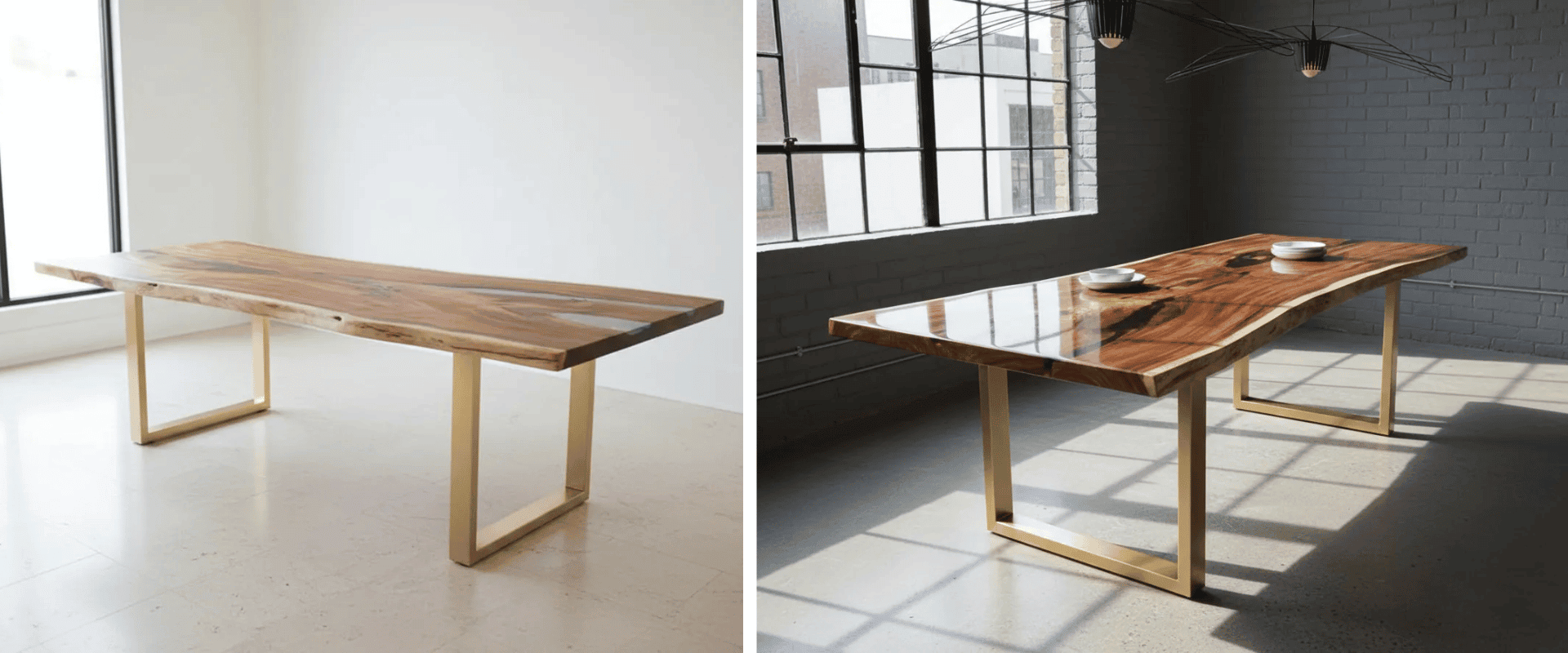 Polished live-edge wood dining table with gold metal legs in sunlit loft,