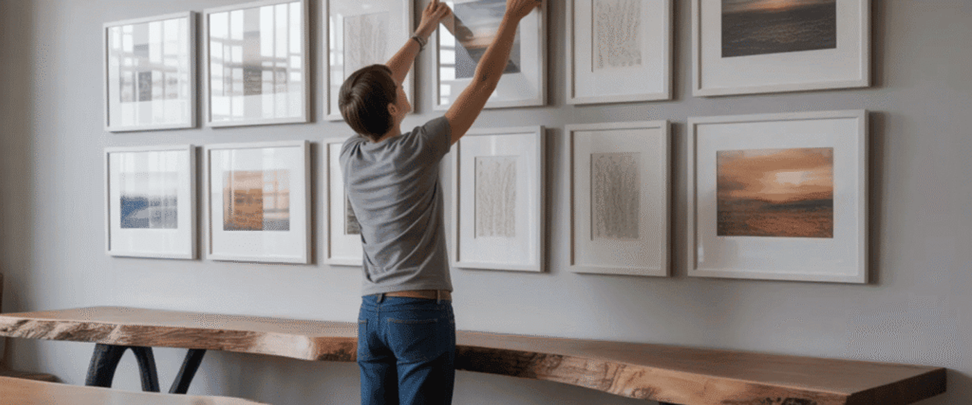 Person adjusting a framed photo on a wall gallery of nine framed landscapes and prints above a long live-edge wooden table