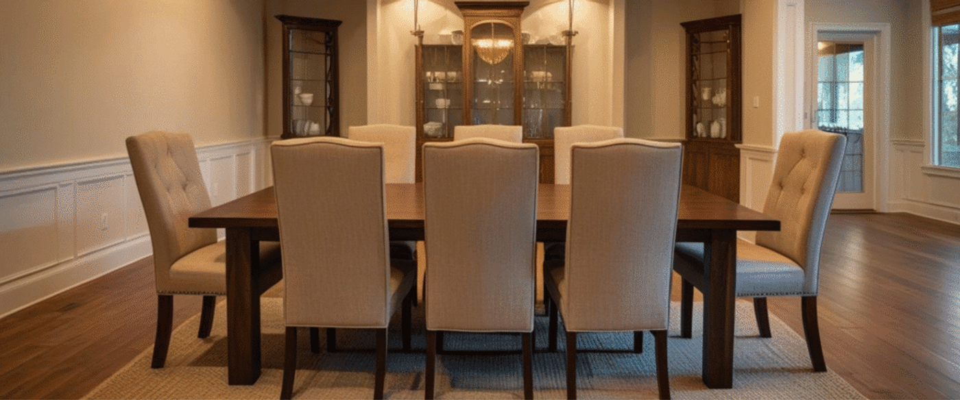 Dining table with natural wood top and six brown upholstered chairs in a modern room.