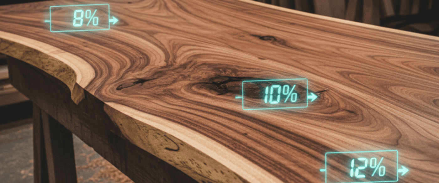Guanacaste wood slab showing dramatic grain patterns, with digital moisture content indicators overlayed (8%–12%