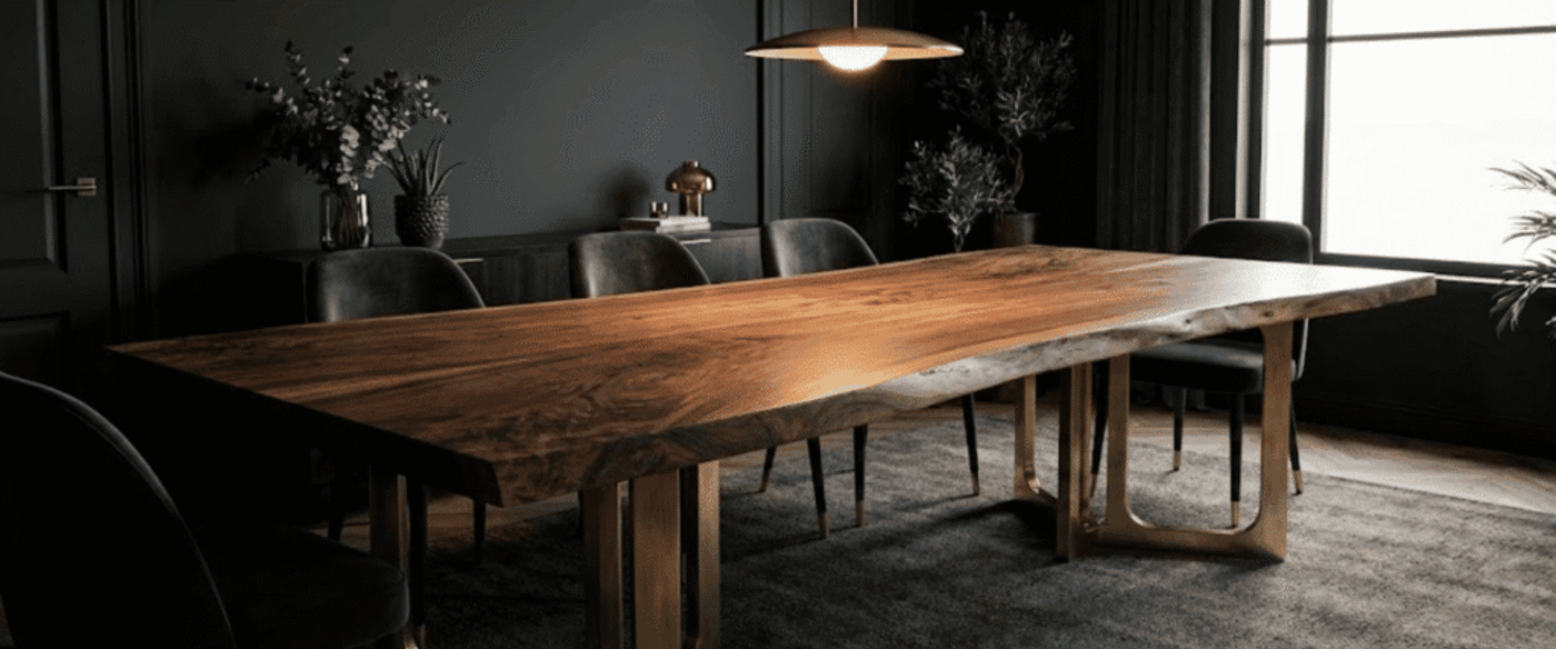 Warm, minimalist dining room with a long live-edge walnut table, brass legs, dark upholstered chairs, pendant light, and potted plants.
