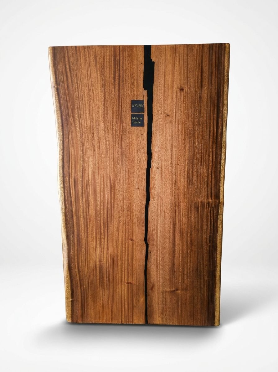 Natural wood slab table legs with hollow centers and visible live edge grain.