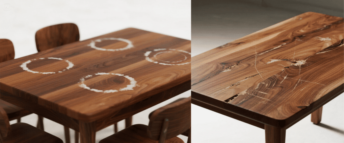 Left image: Wooden dining table with visible white circular stains from cups. Right image: Wooden table with natural cracks and scratches, showing raw wood texture.