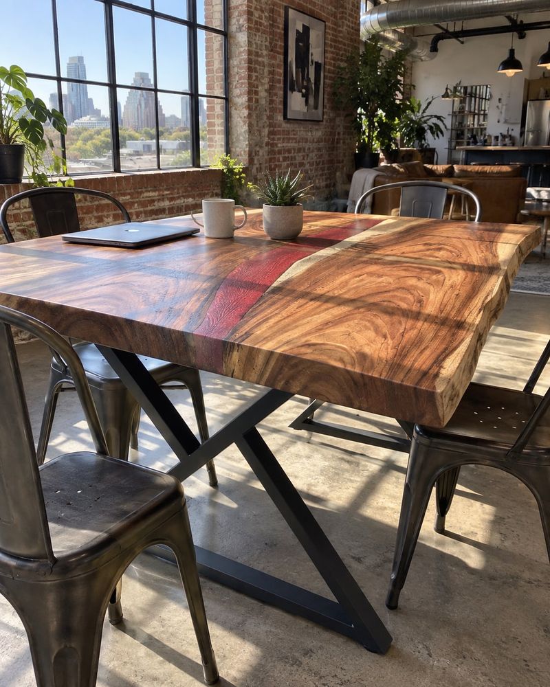 Rendering of the Alicia Quinta slab as a dining table with Modern X Legs in a industrial loft home