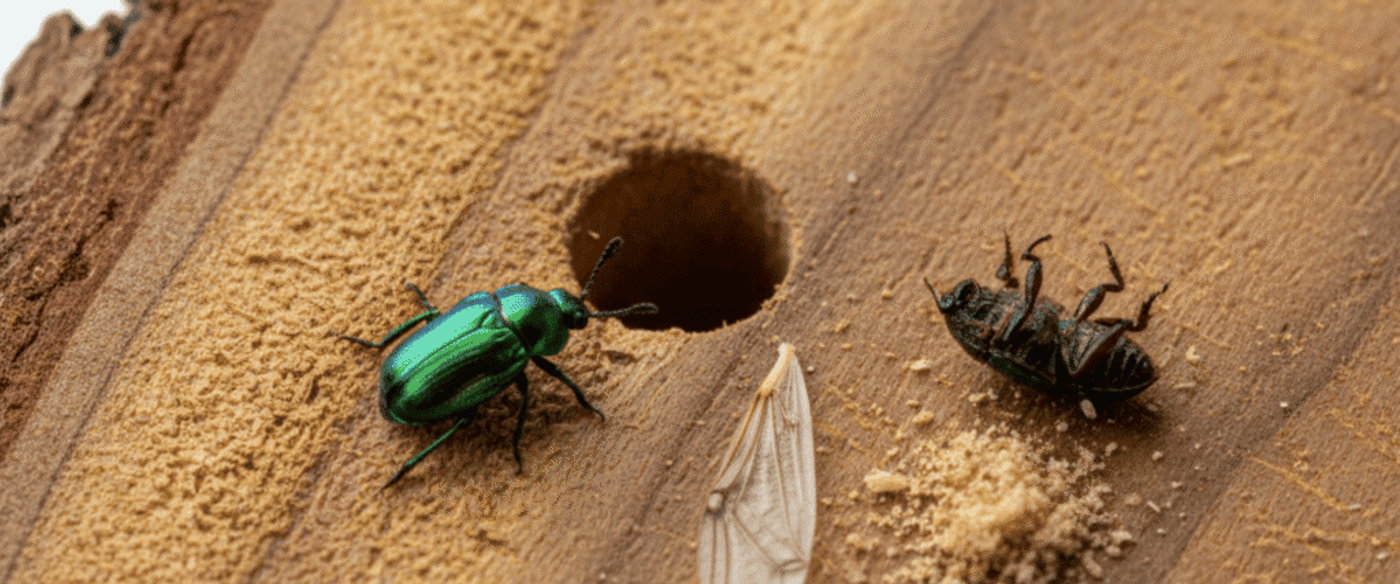Green metallic beetle next to a wood-bored hole, shed wing, wood dust and a dead beetle on a rough wooden surface.
